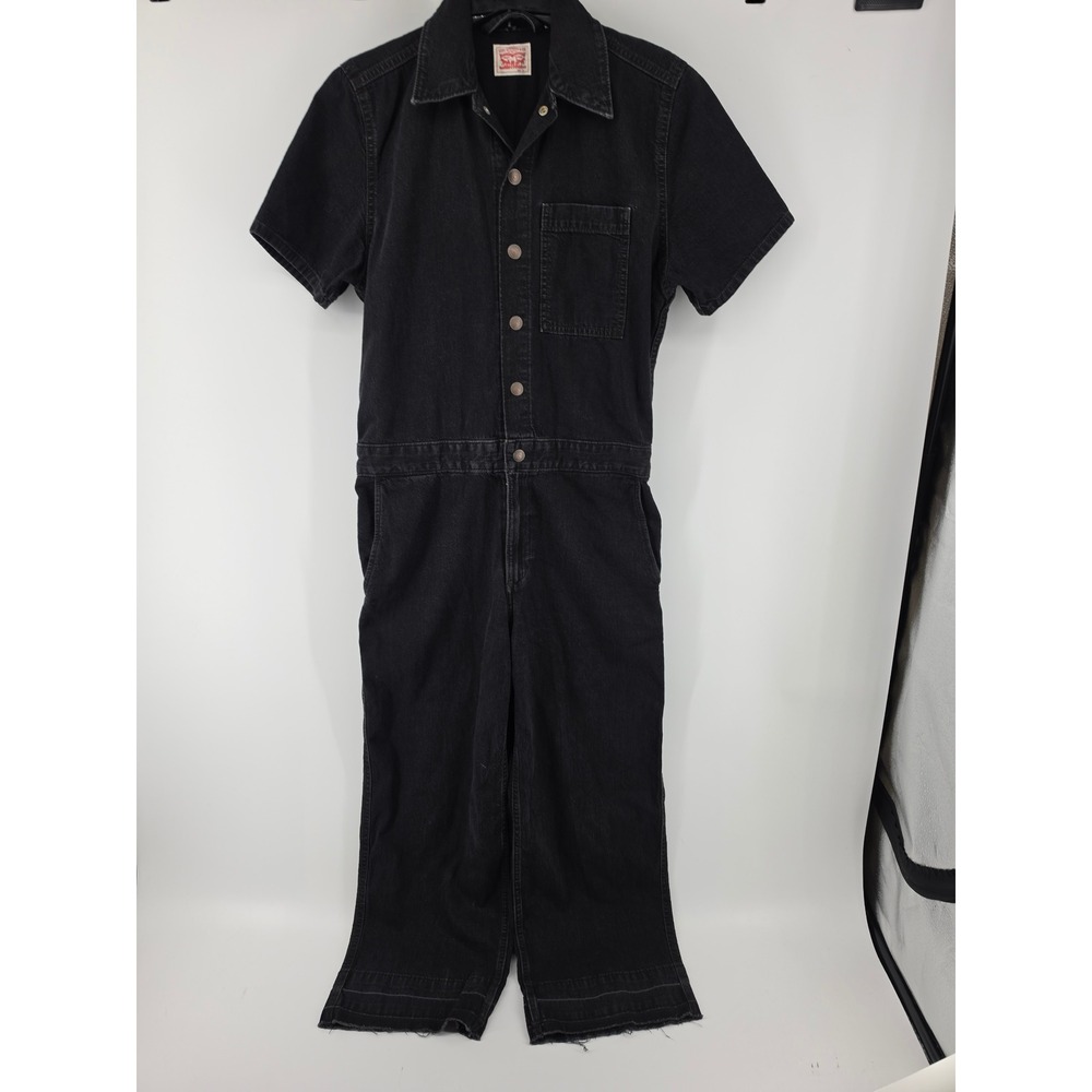 Levis Womens Denim Jumpsuit Black Short Sleeve Button Front Coveralls Small